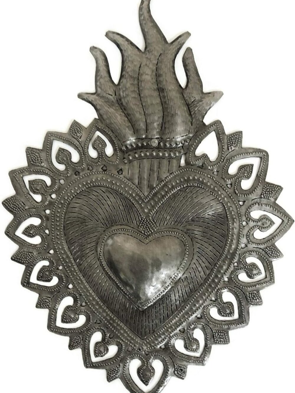 Flaming Heart Sacred Heart Wall Art | Spiritual Folk Art | Haitian Metal Decor